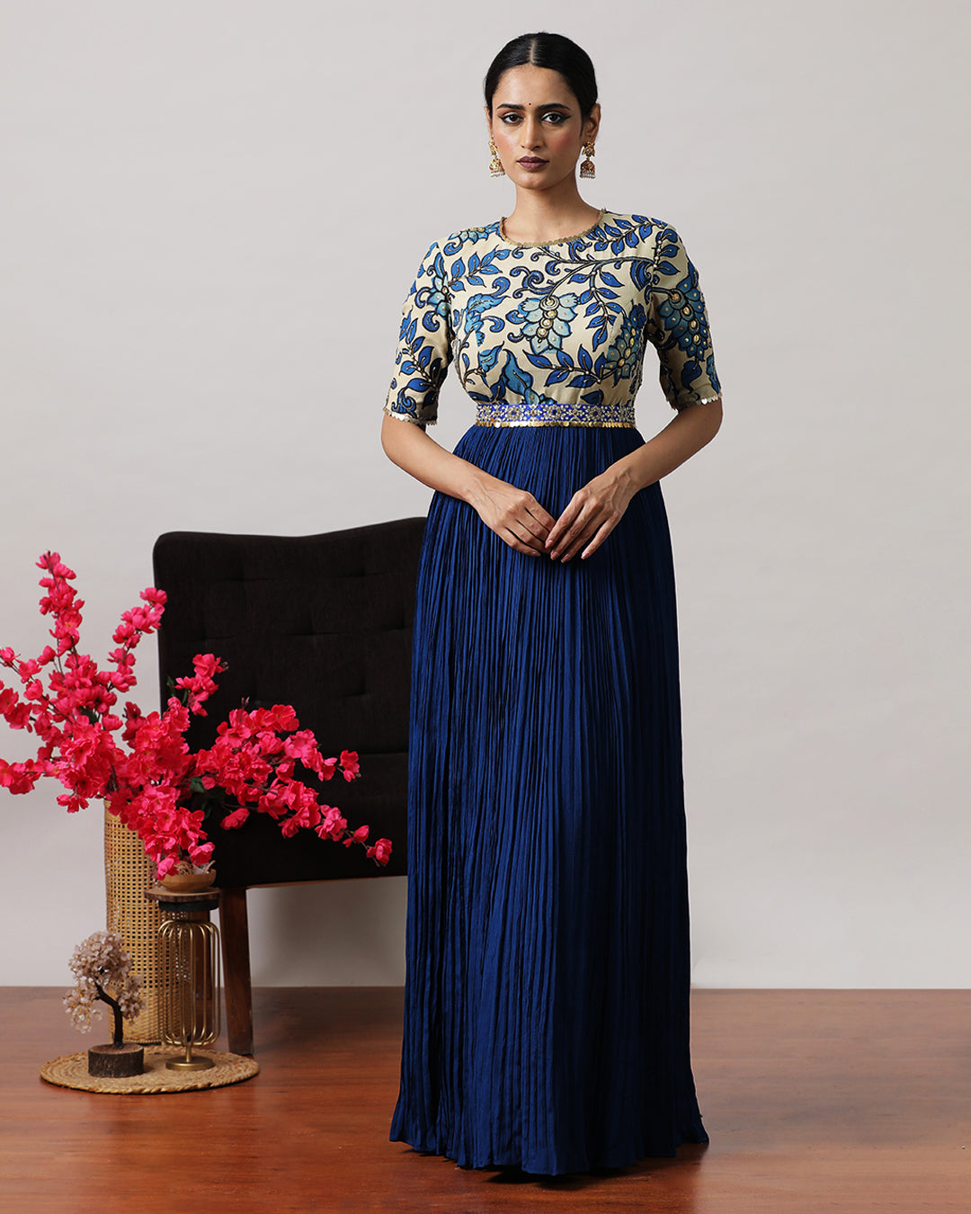 Blue Flower Kalamkari Chiffon Dress