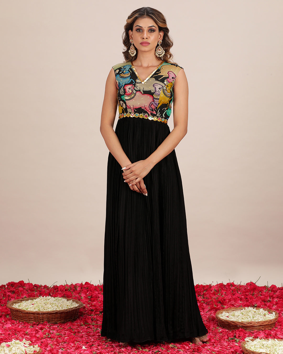 Black Sleevless Kalamkari Chiffon Dress Black Sleevless Kalamkari Chiffon Dress