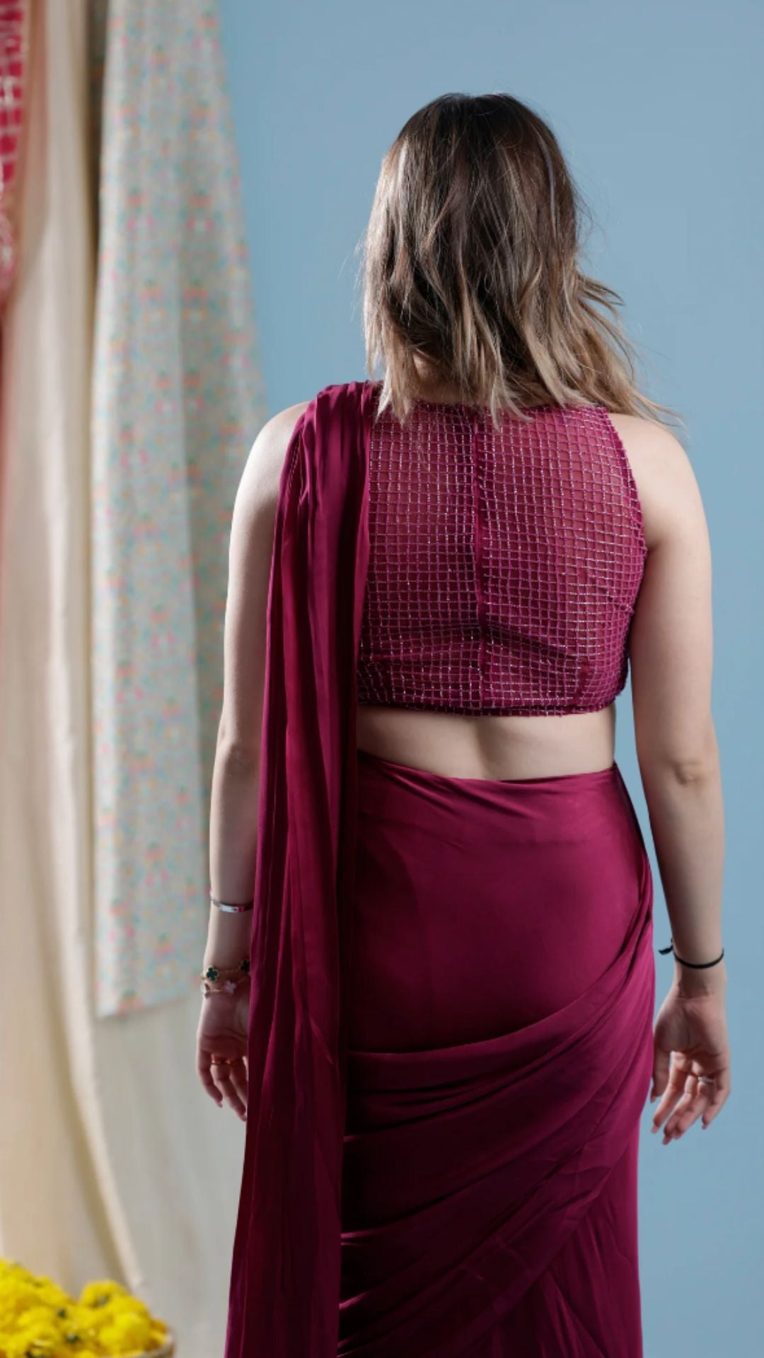 Burgundy Pre Pleated Saree With Hand Embroidery Blouse