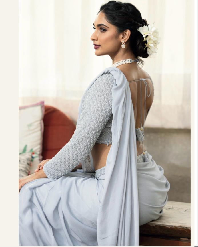 Grey Pre-Draped Saree with Hand-Embroidered Pearl Blouse