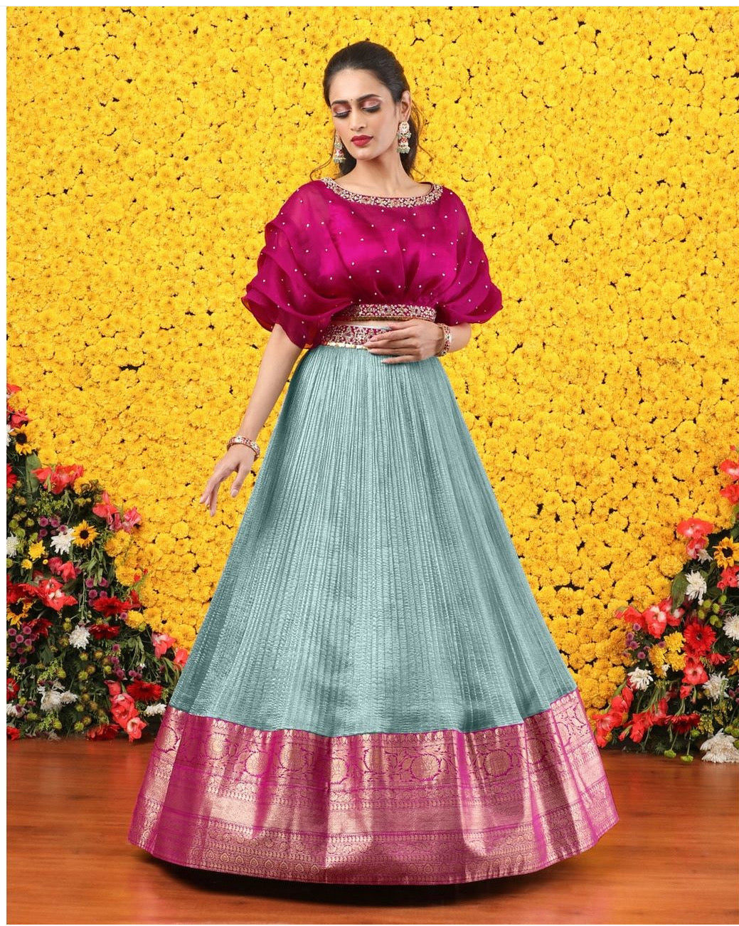 Pink - Powder Blue Crop top and Skirt