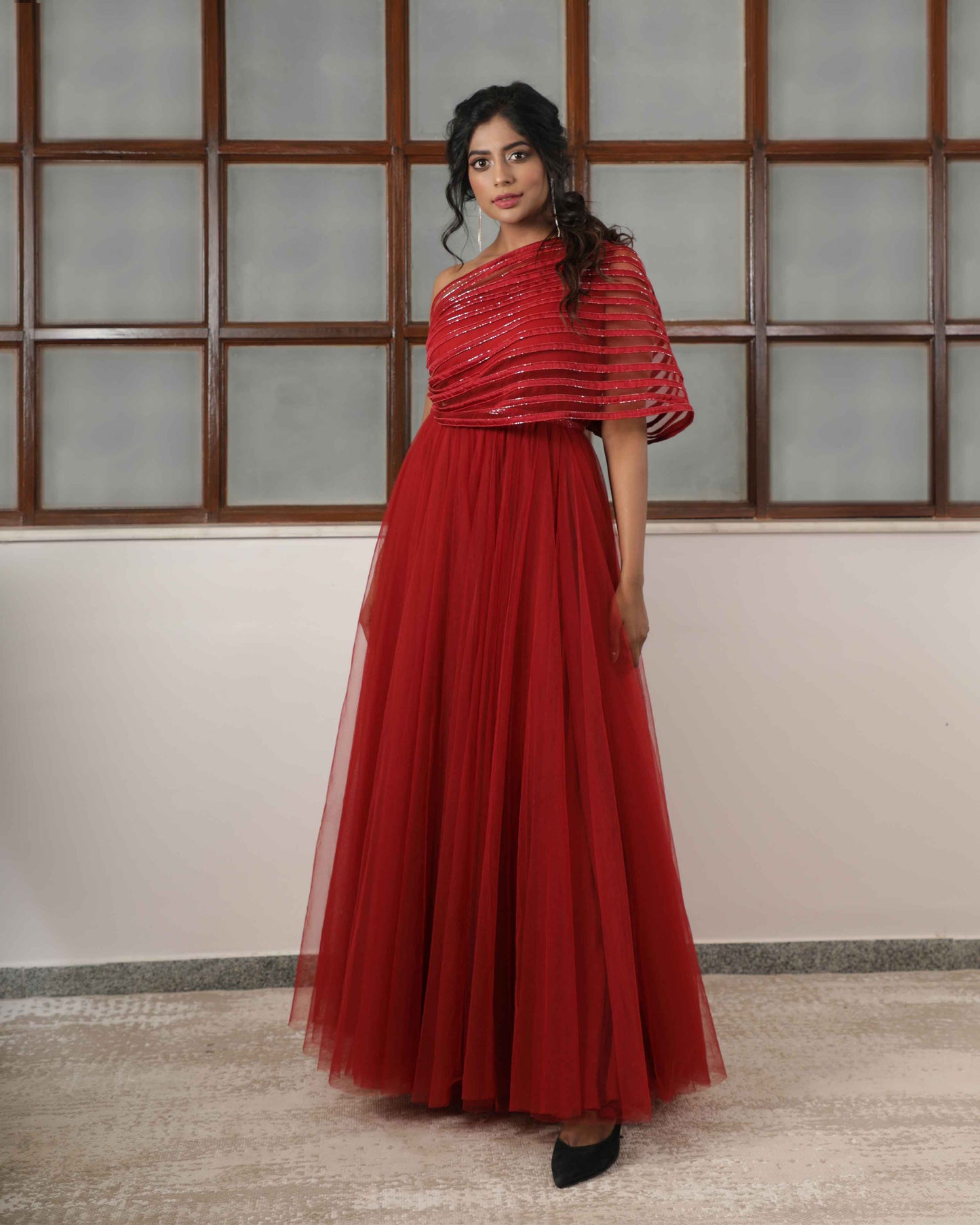 Amelie one shoulder appliqued long gown