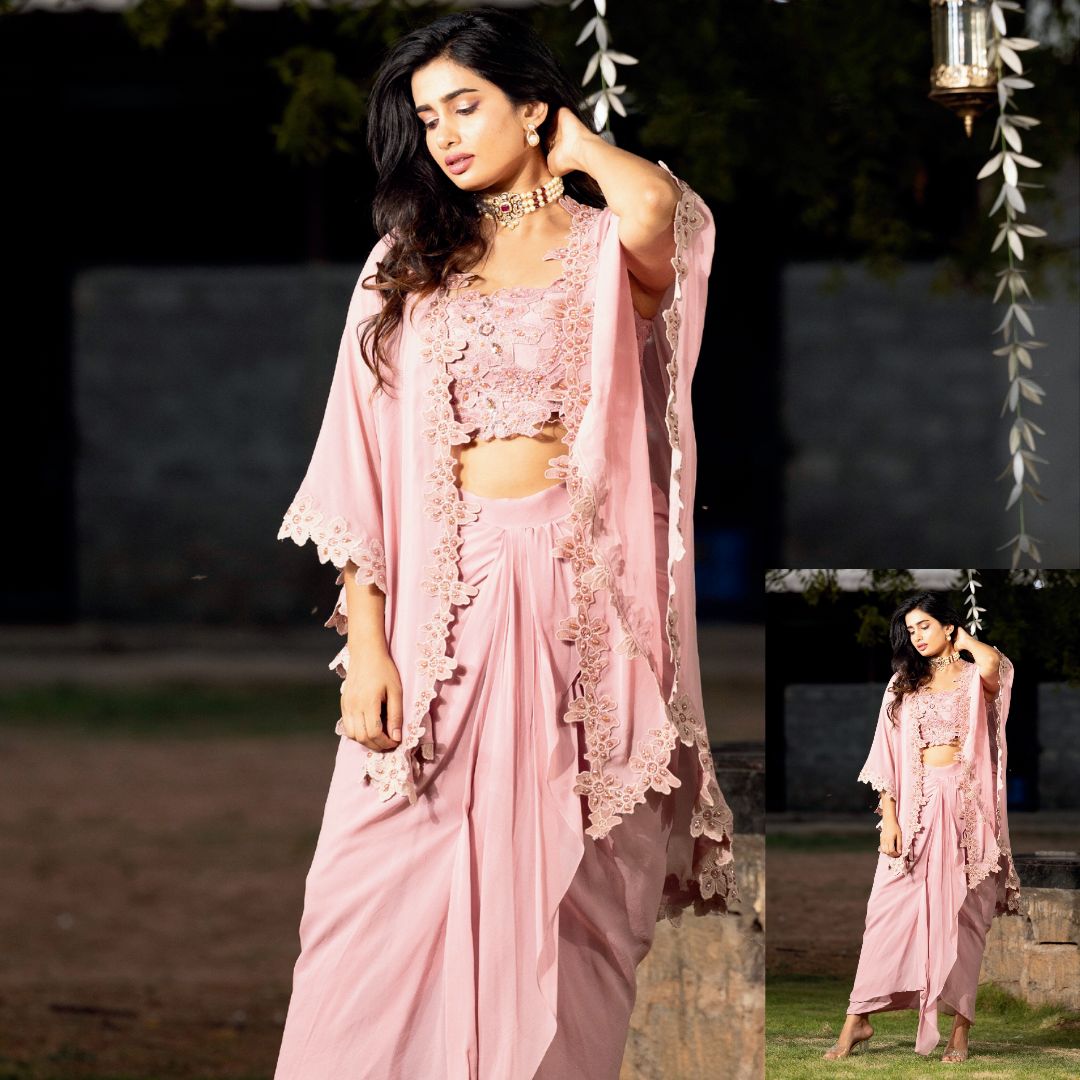 Crochet Hand Embroidered Top with Cape and Drape Skirt in Georgette