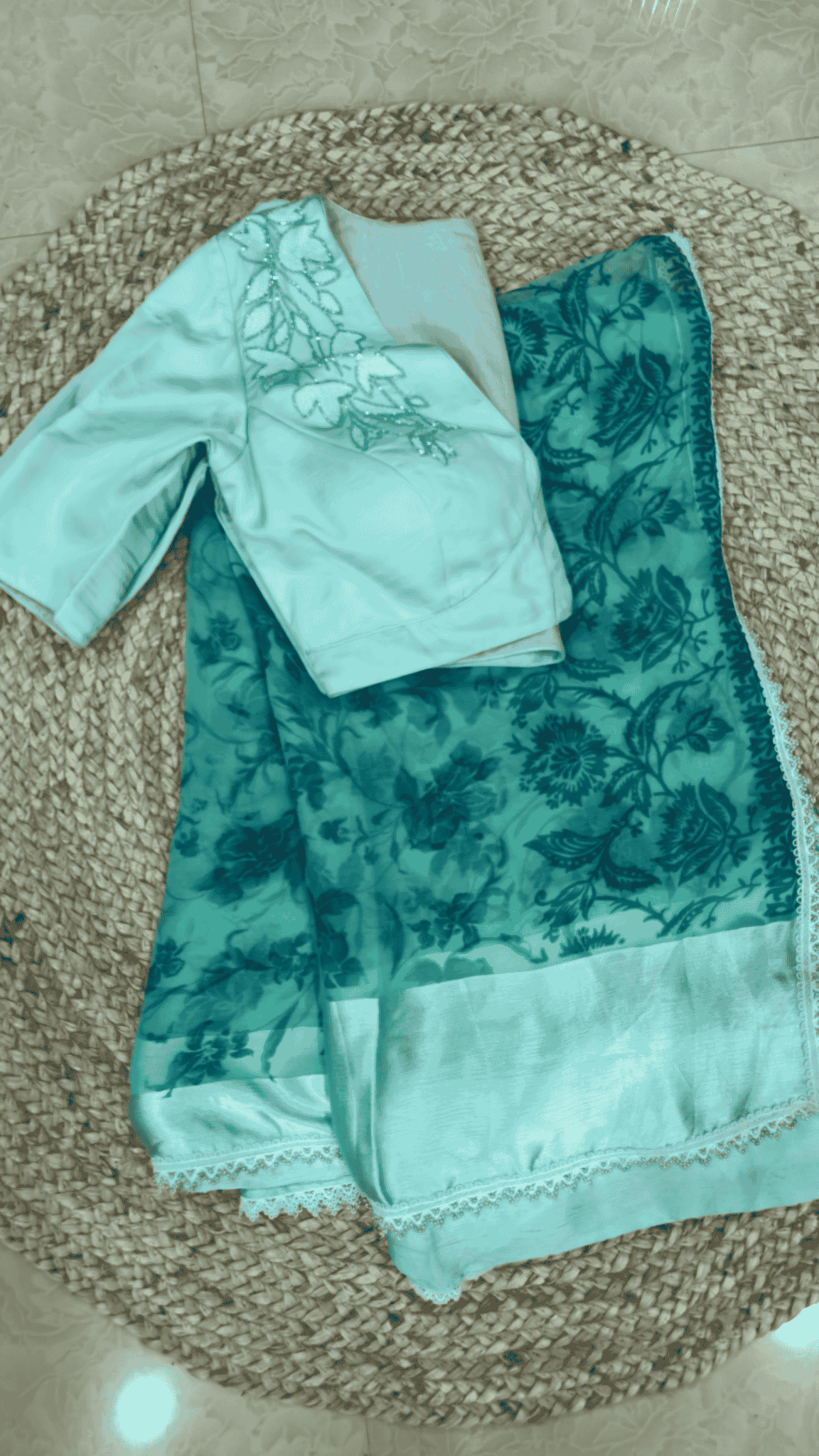 Green Floral printed Chiffon Saree with lace border and hand work blouse