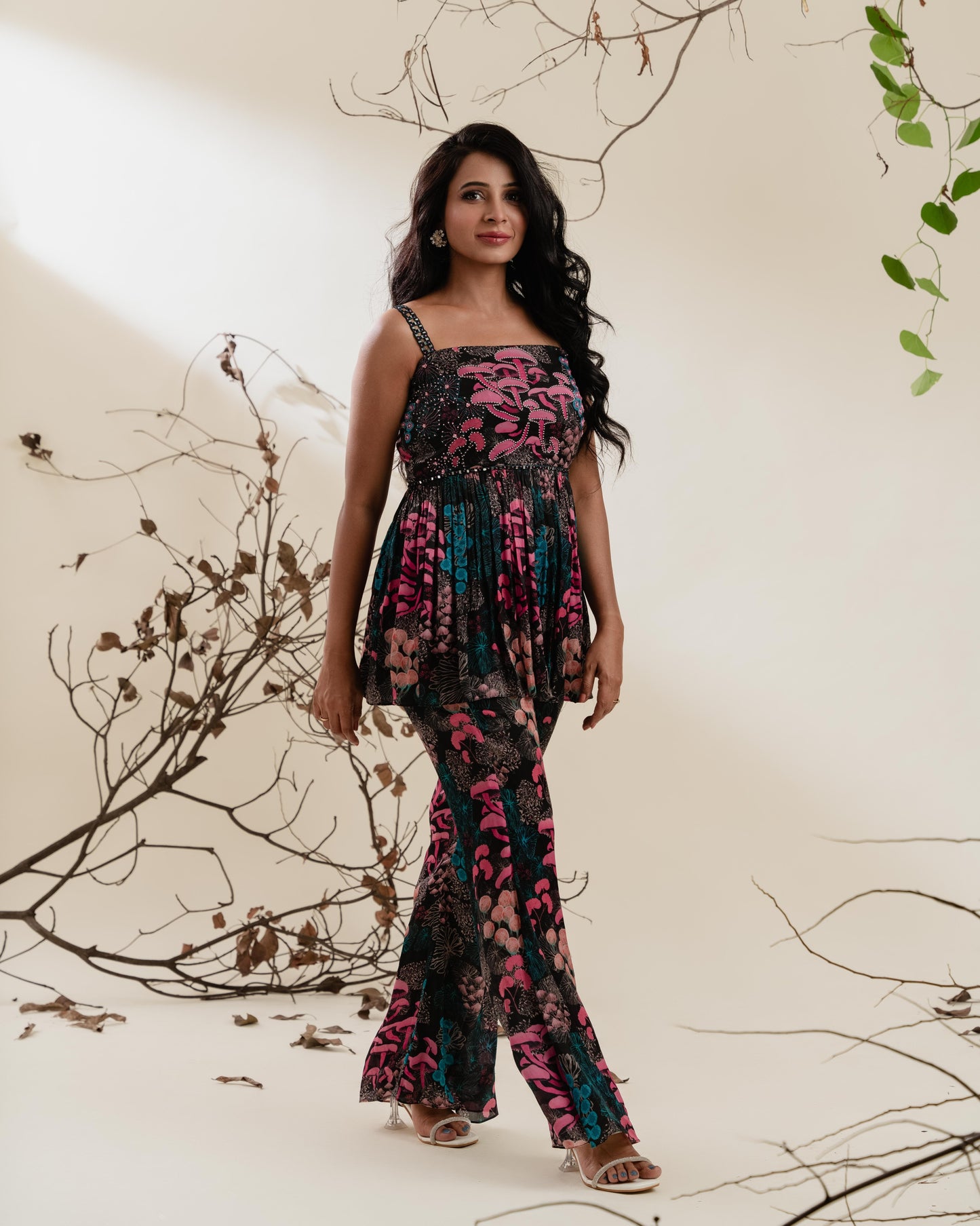 Black Floral Beaded Peplum Co-ord Set with Mirrorwork Belt