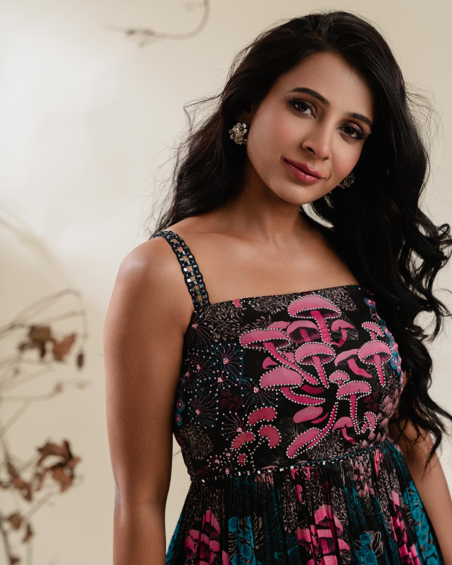 Black Floral Beaded Peplum Co-ord Set with Mirrorwork Belt