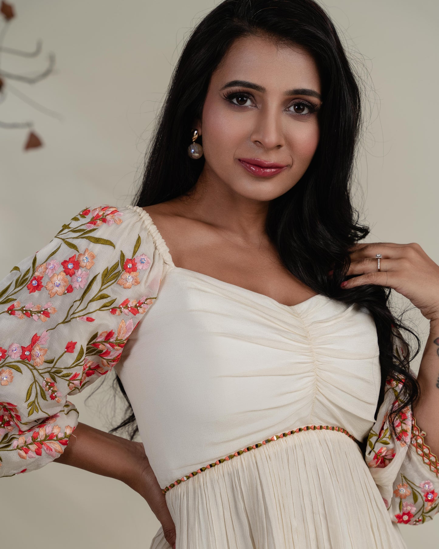 Off-White Floral Sleeve Peplum Co-ord Set with Mirror Embellishment