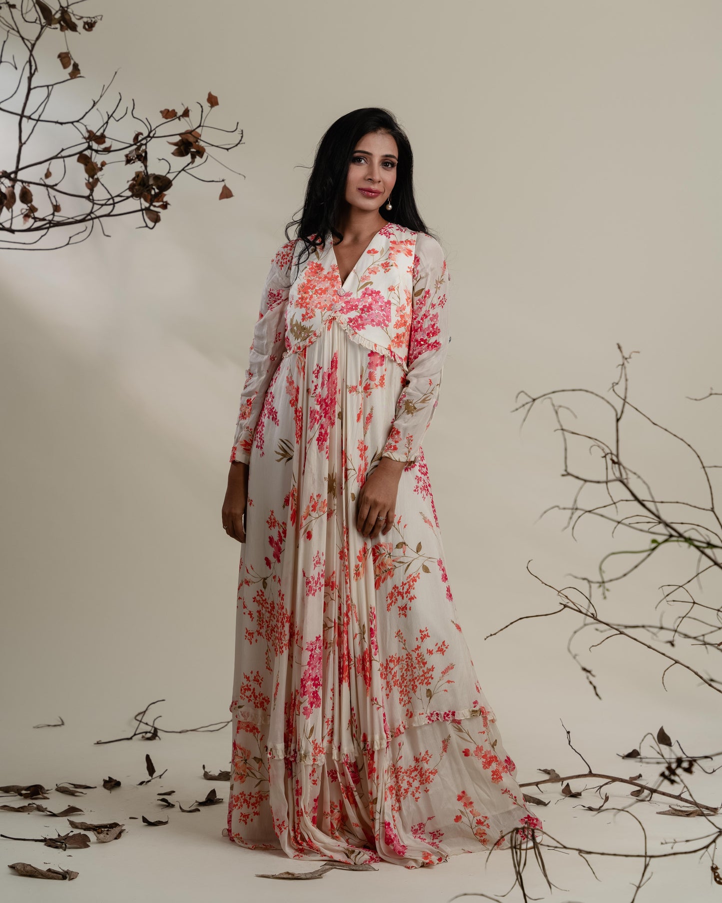 Off-White Calf-Length Floral Tier Dress with Butterfly Sleeves