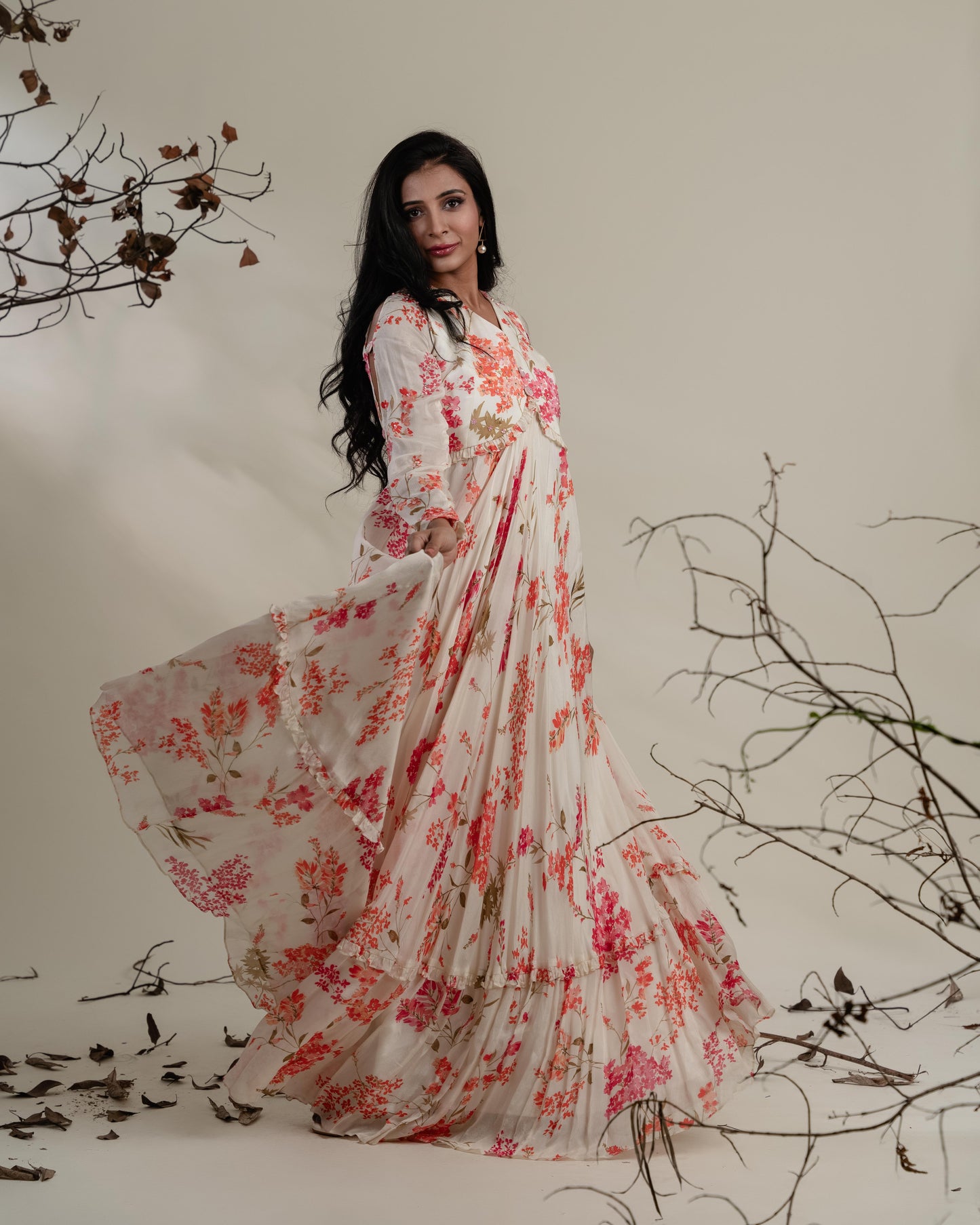 Off-White Calf-Length Floral Tier Dress with Butterfly Sleeves