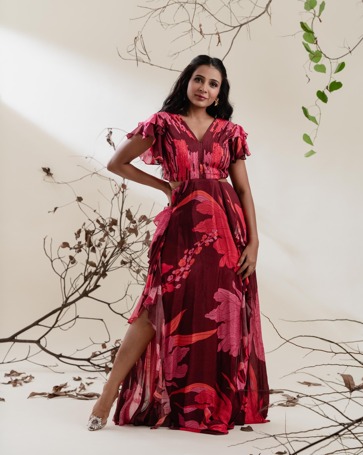 Maroon & Coral Floral Maxi Dress with Side Cutout and Slit