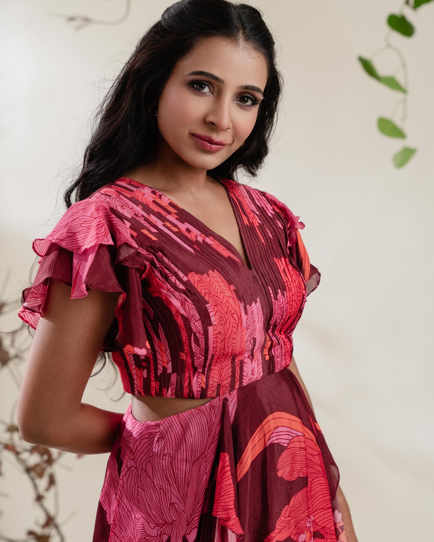 Maroon & Coral Floral Maxi Dress with Side Cutout and Slit