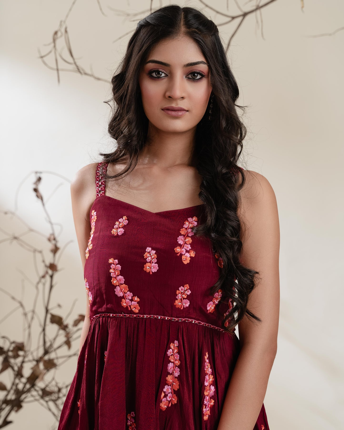 Maroon Floral Peplum Set with Mirror Embroidery & Flared Pants