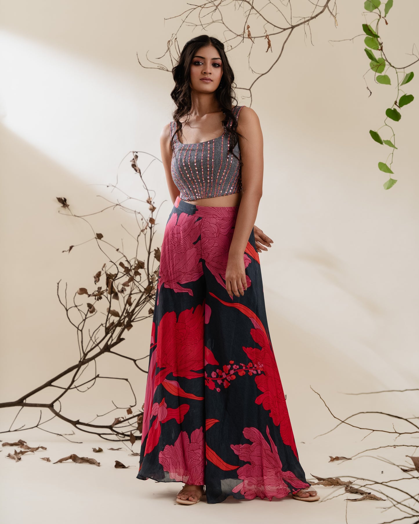 Floral Indo-Western Co-ord Set in Charcoal and Fuchsia