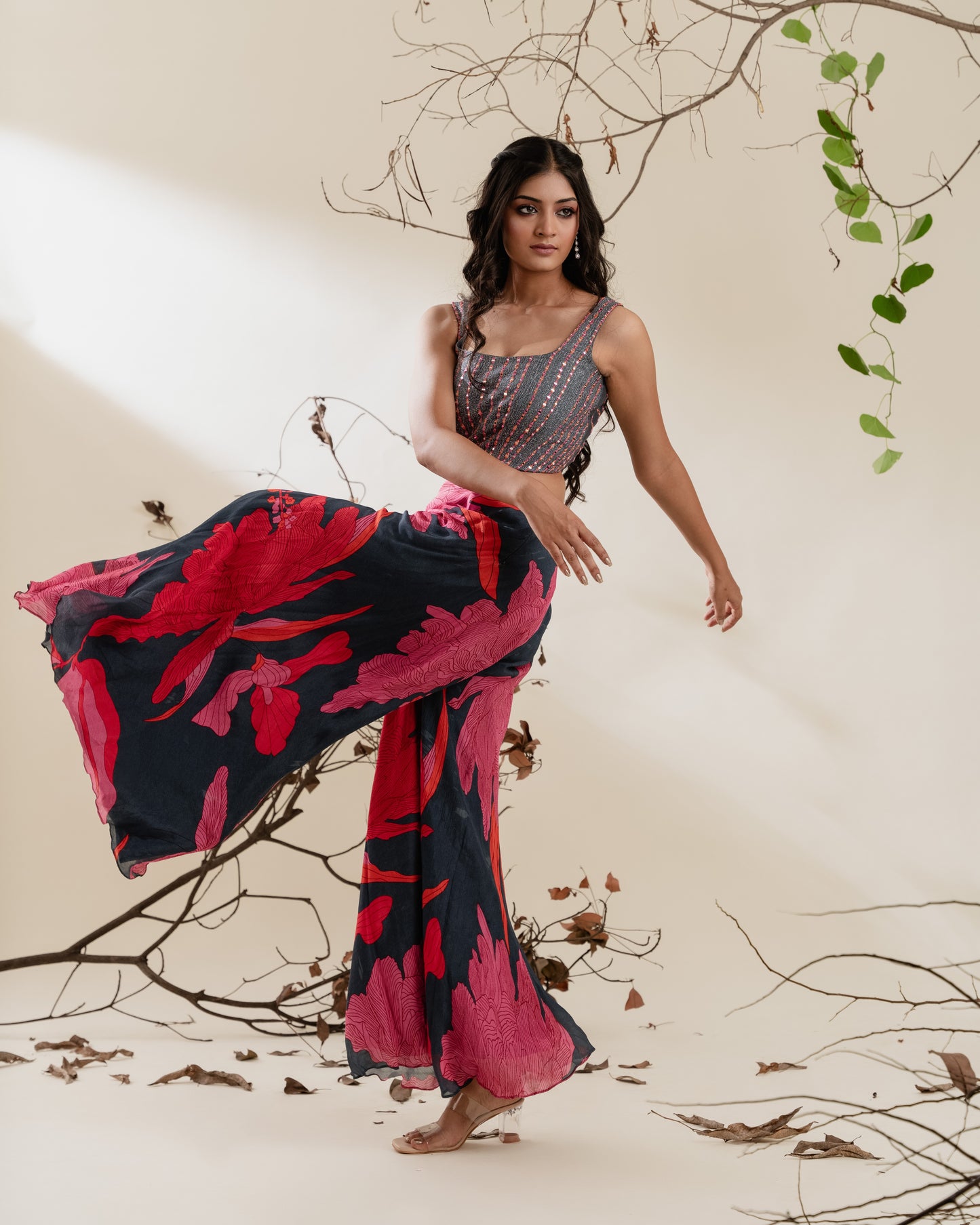 Floral Indo-Western Co-ord Set in Charcoal and Fuchsia
