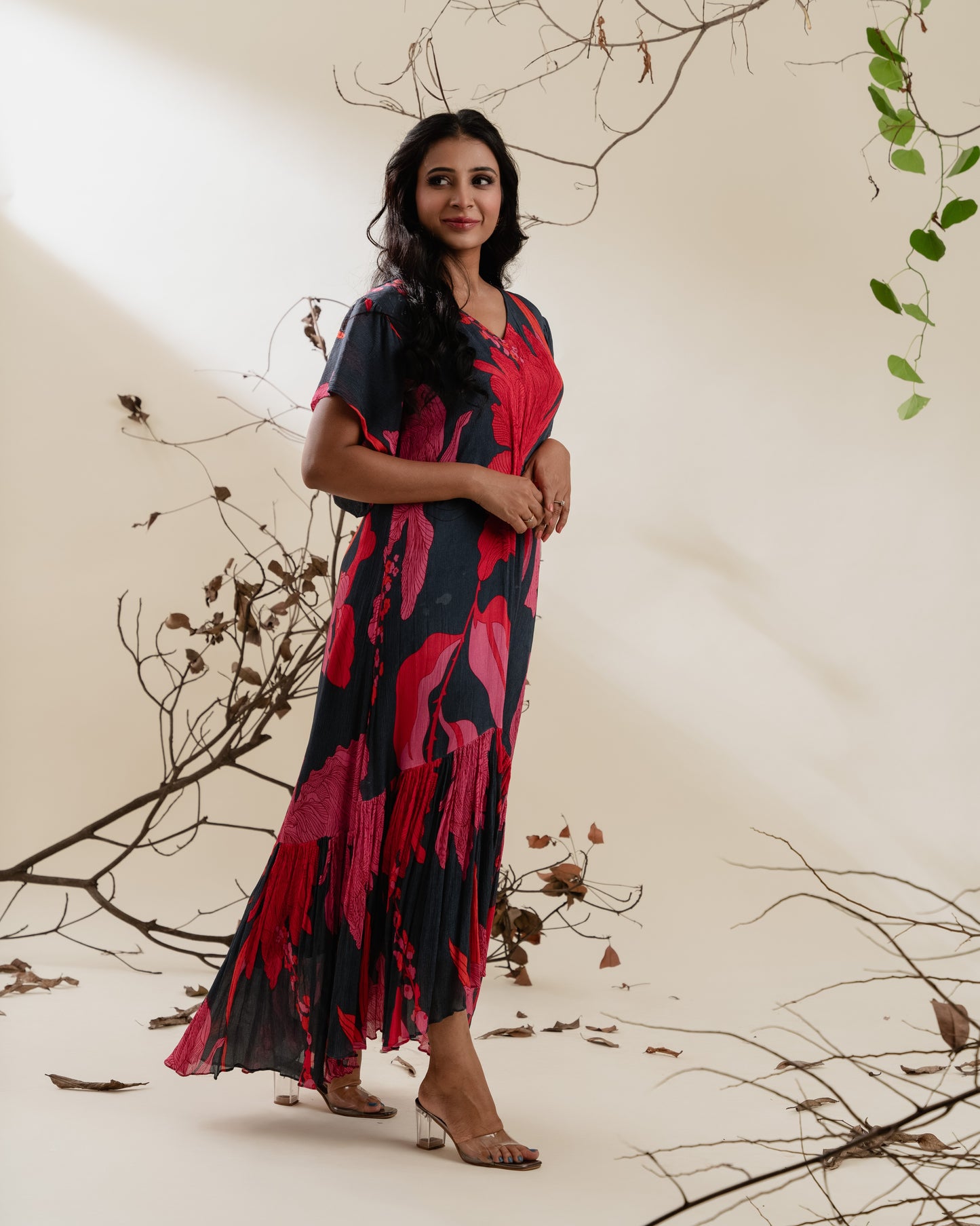 Charcoal High-Low Floral Dress with Waist Twist Detail