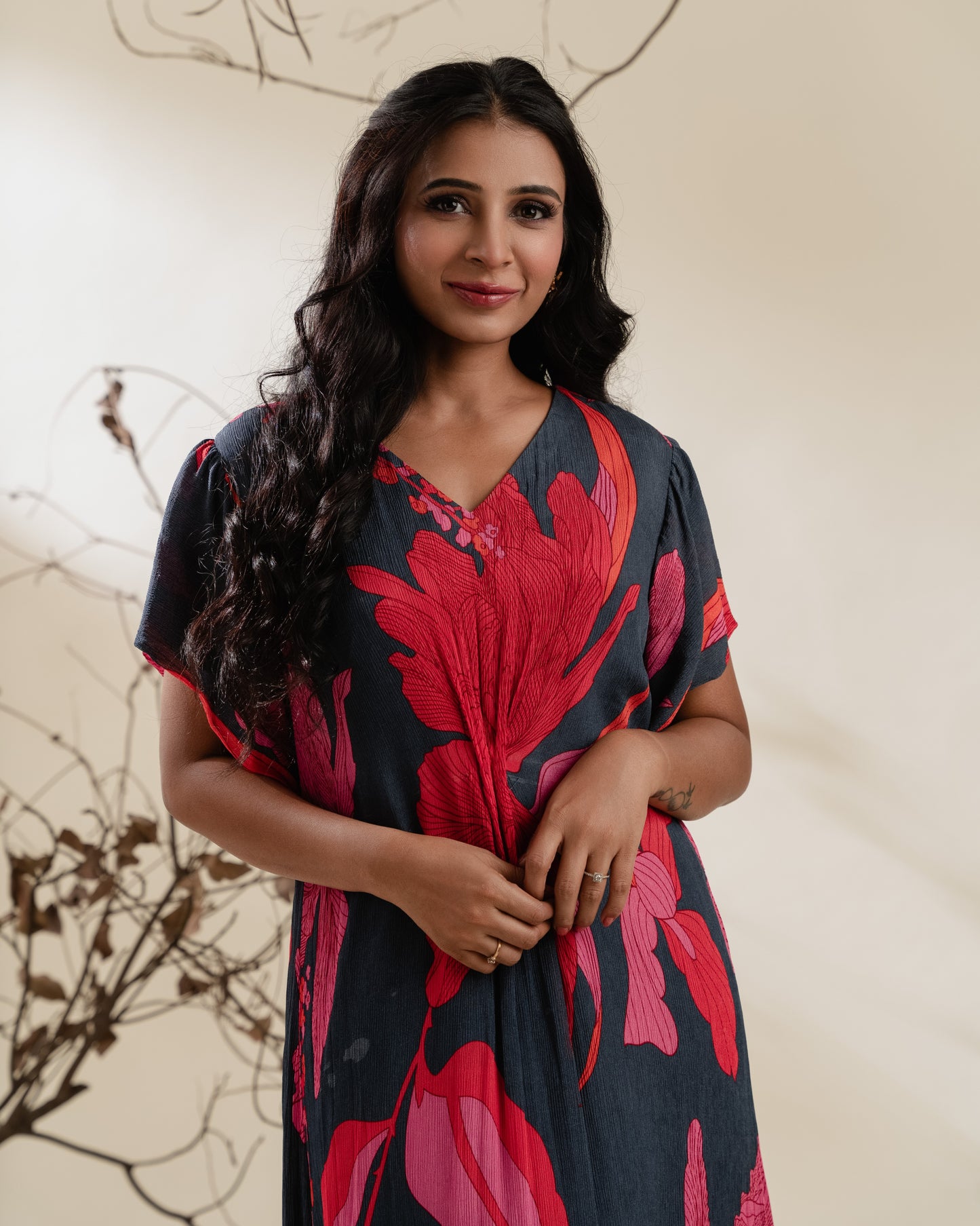 Charcoal High-Low Floral Dress with Waist Twist Detail