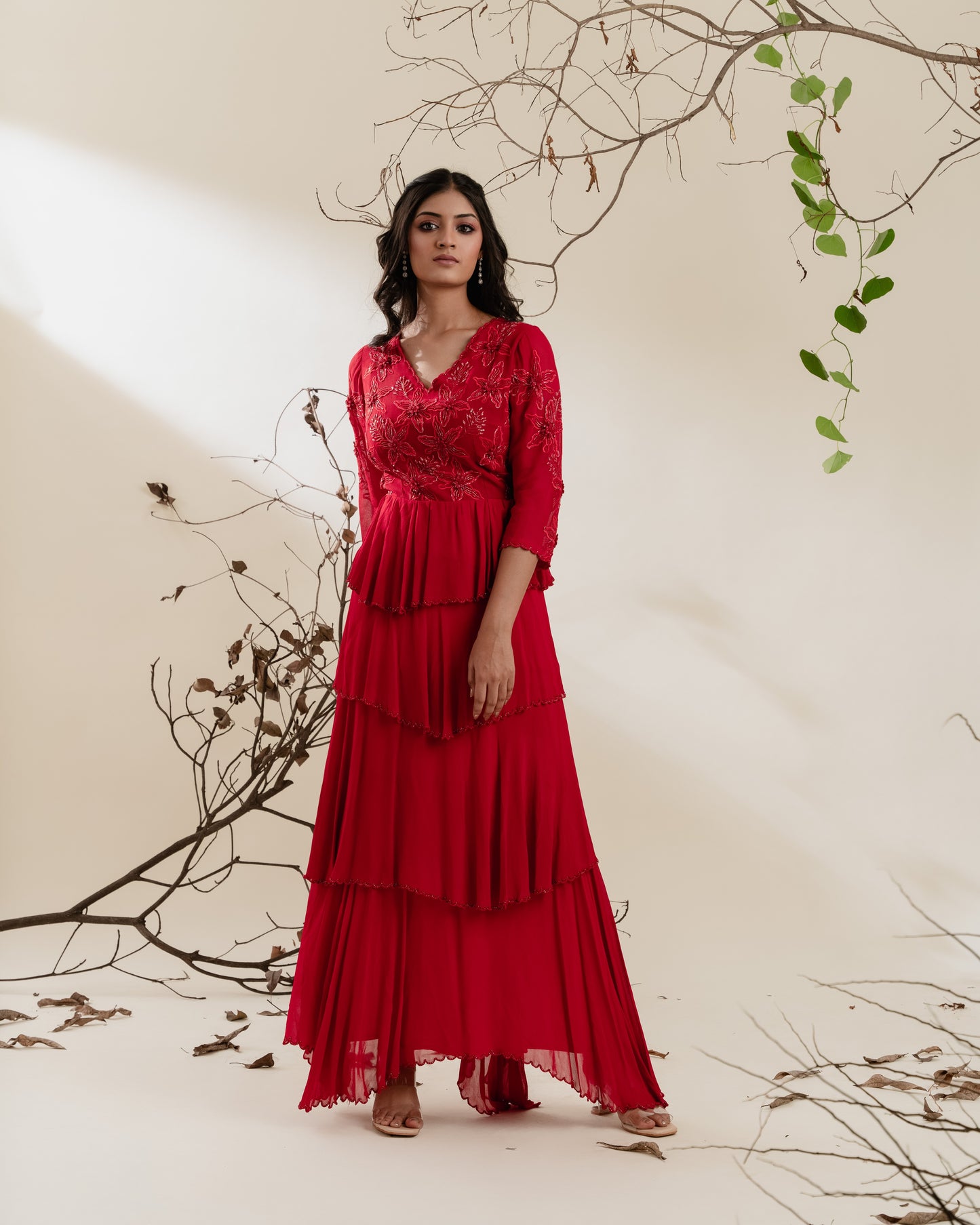 Red Tiered Georgette Dress with Embroidery & Scallop Beading