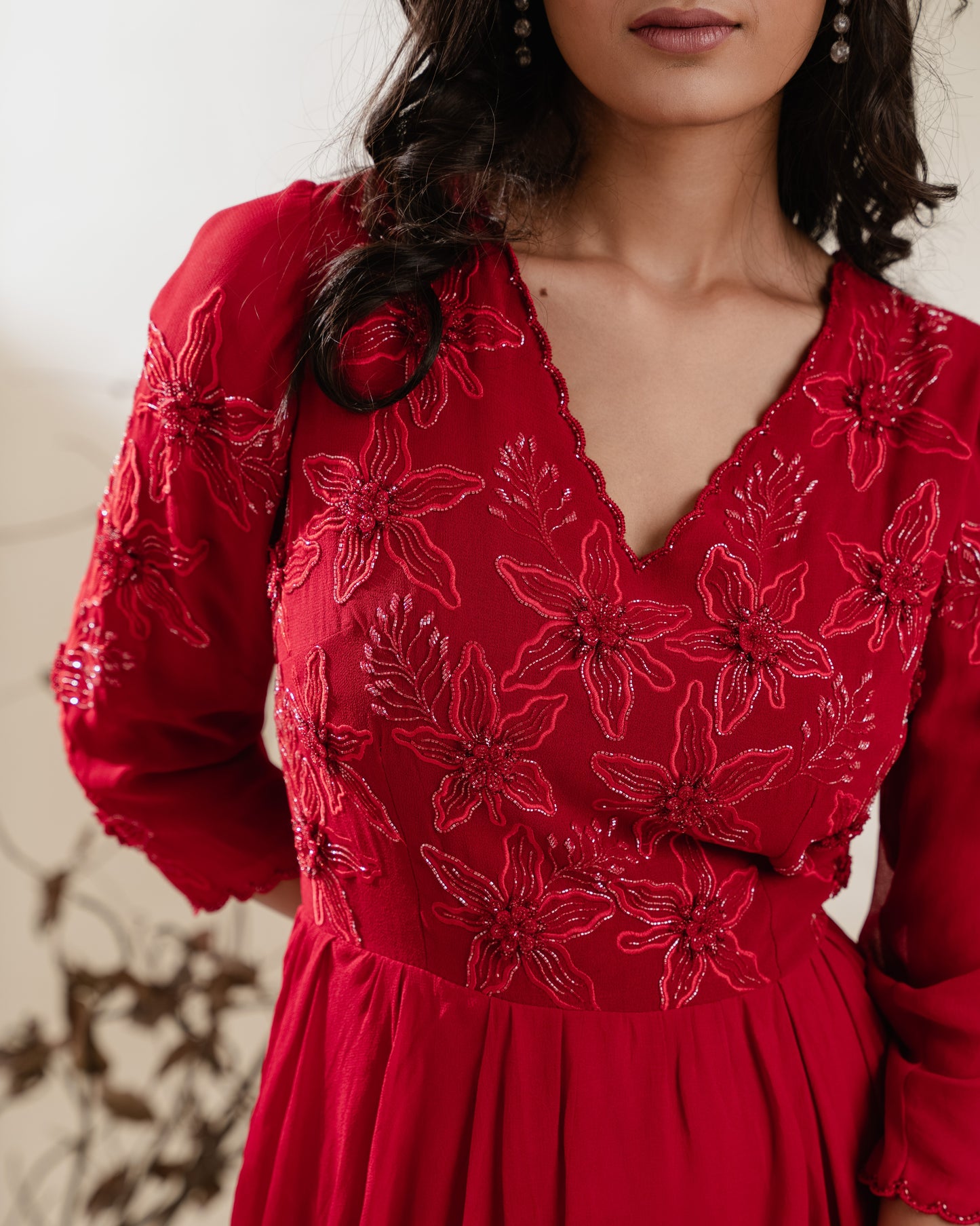 Red Tiered Georgette Dress with Embroidery & Scallop Beading