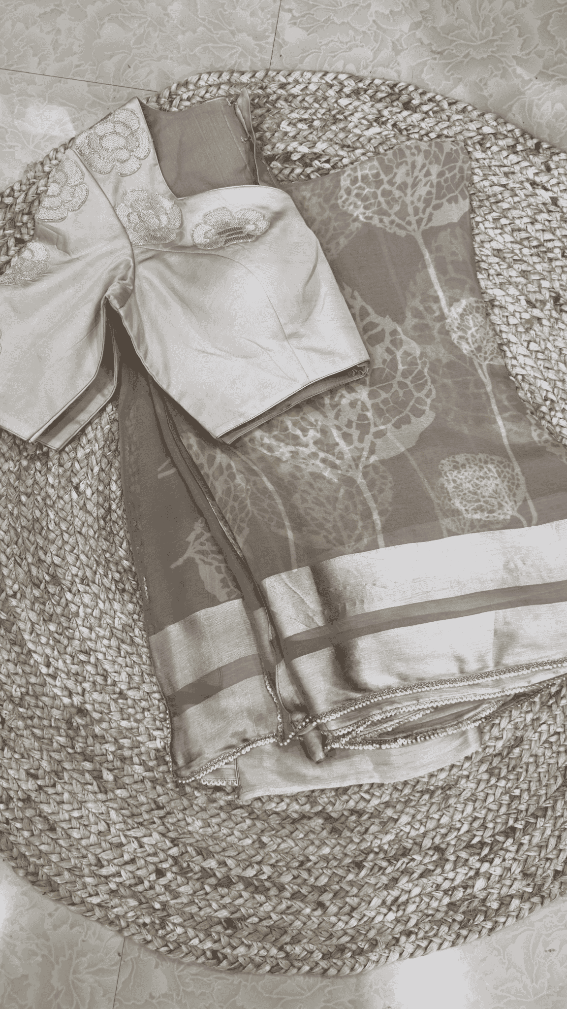 Beige Floral Printed Chiffon Saree with lace border and hand work blouse