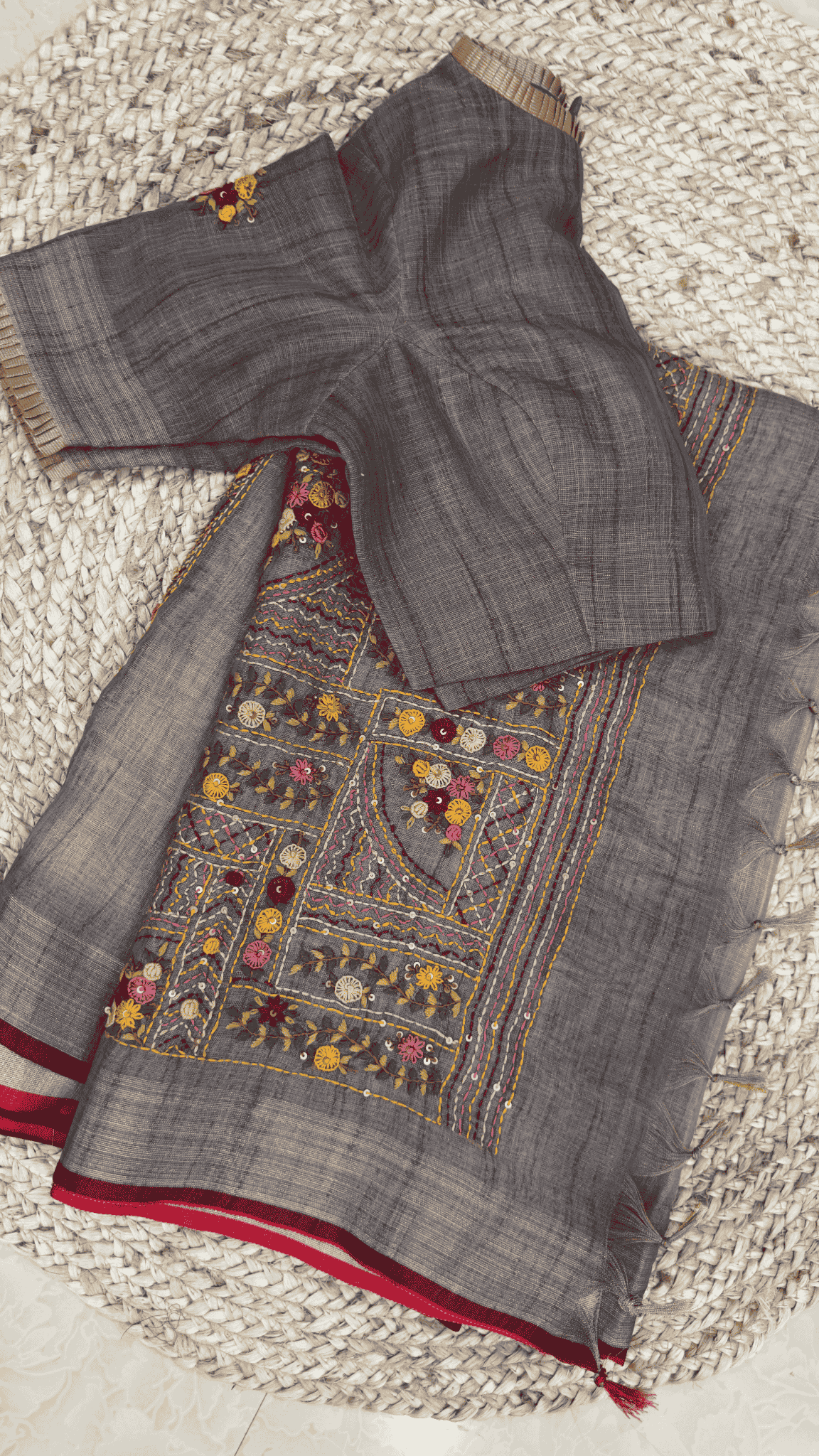 Grey Embroidered Linen Saree