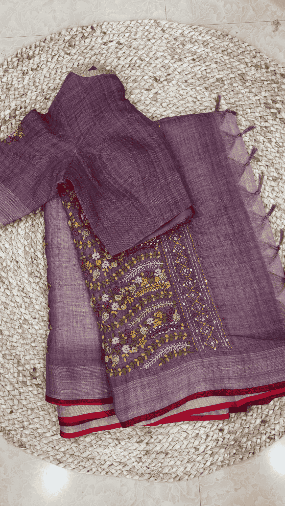 Purple Mauve Embroidered Linen Saree
