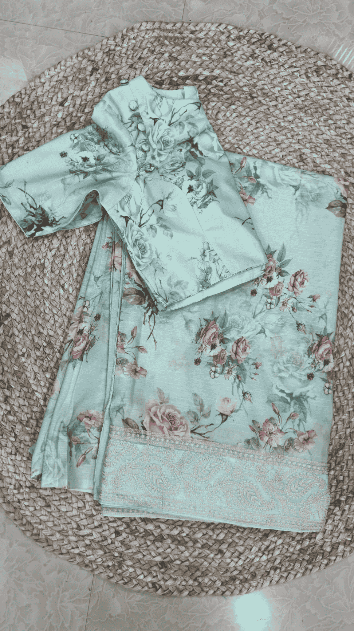 Green Floral Printed Georgette Saree with Chikankari Border