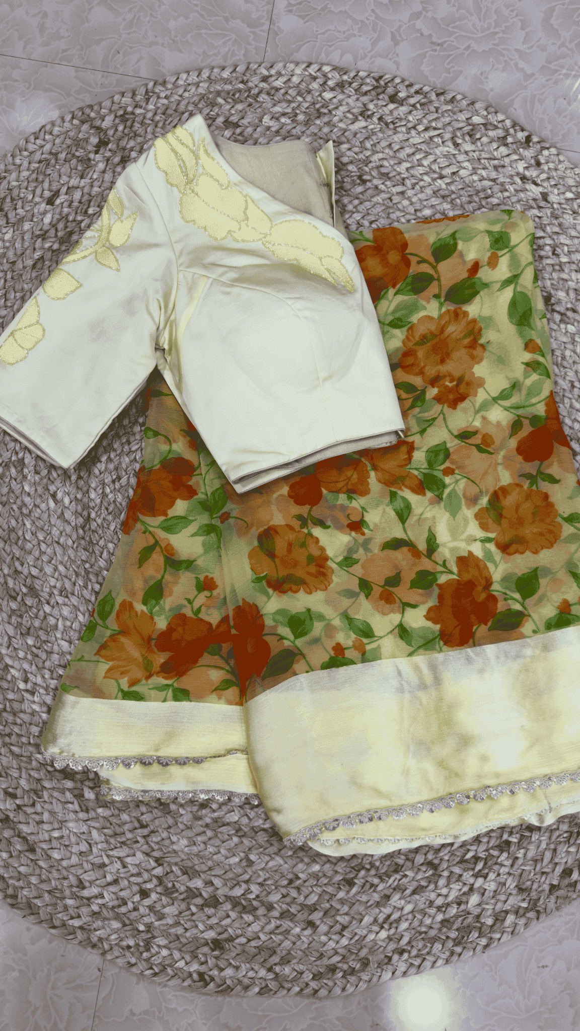 Yellow floral Printed Chiffon Saree with lace border and handwork blouse