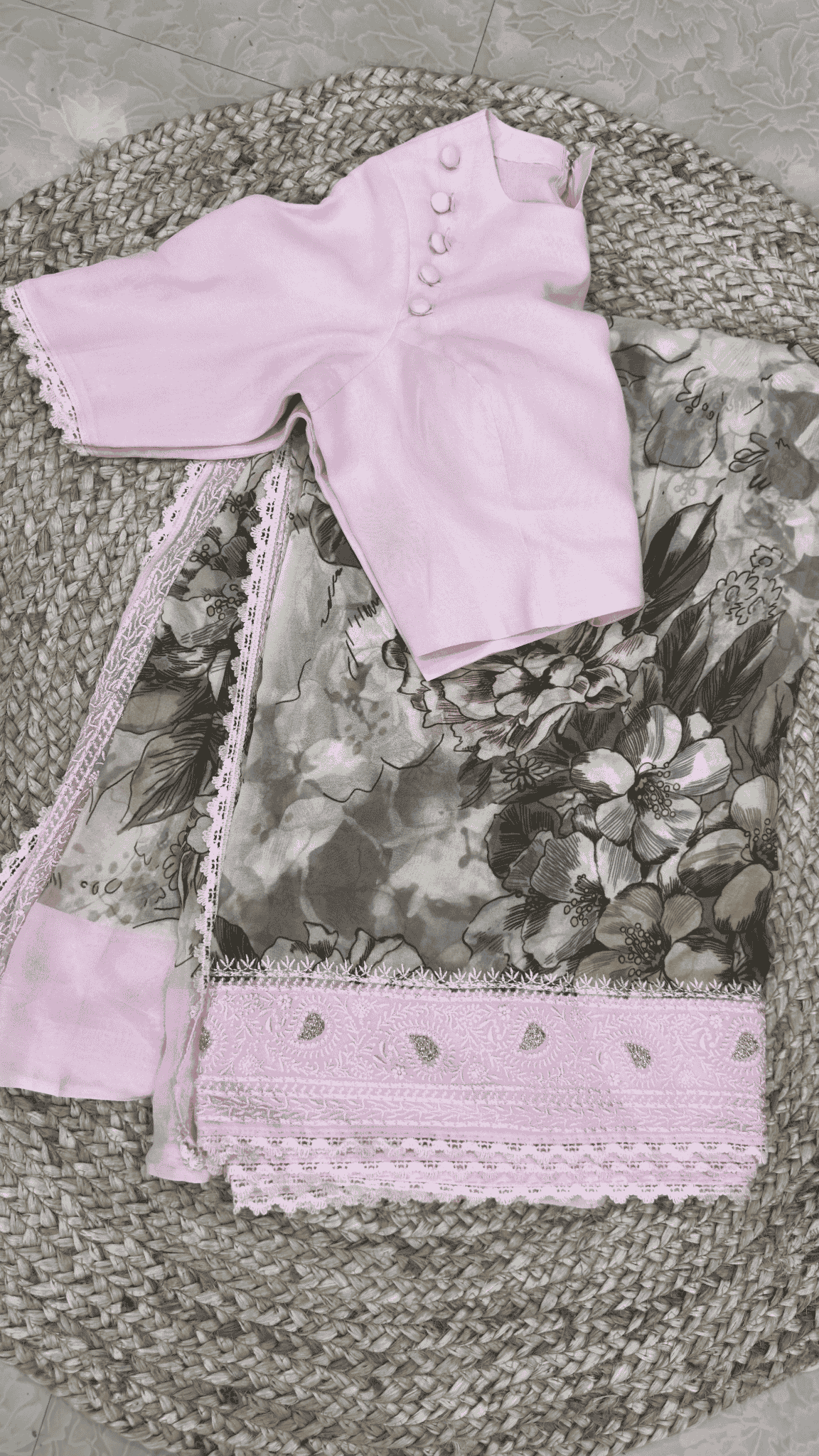 Blush Pink floral Printed Georgette Saree with Chikankari Border