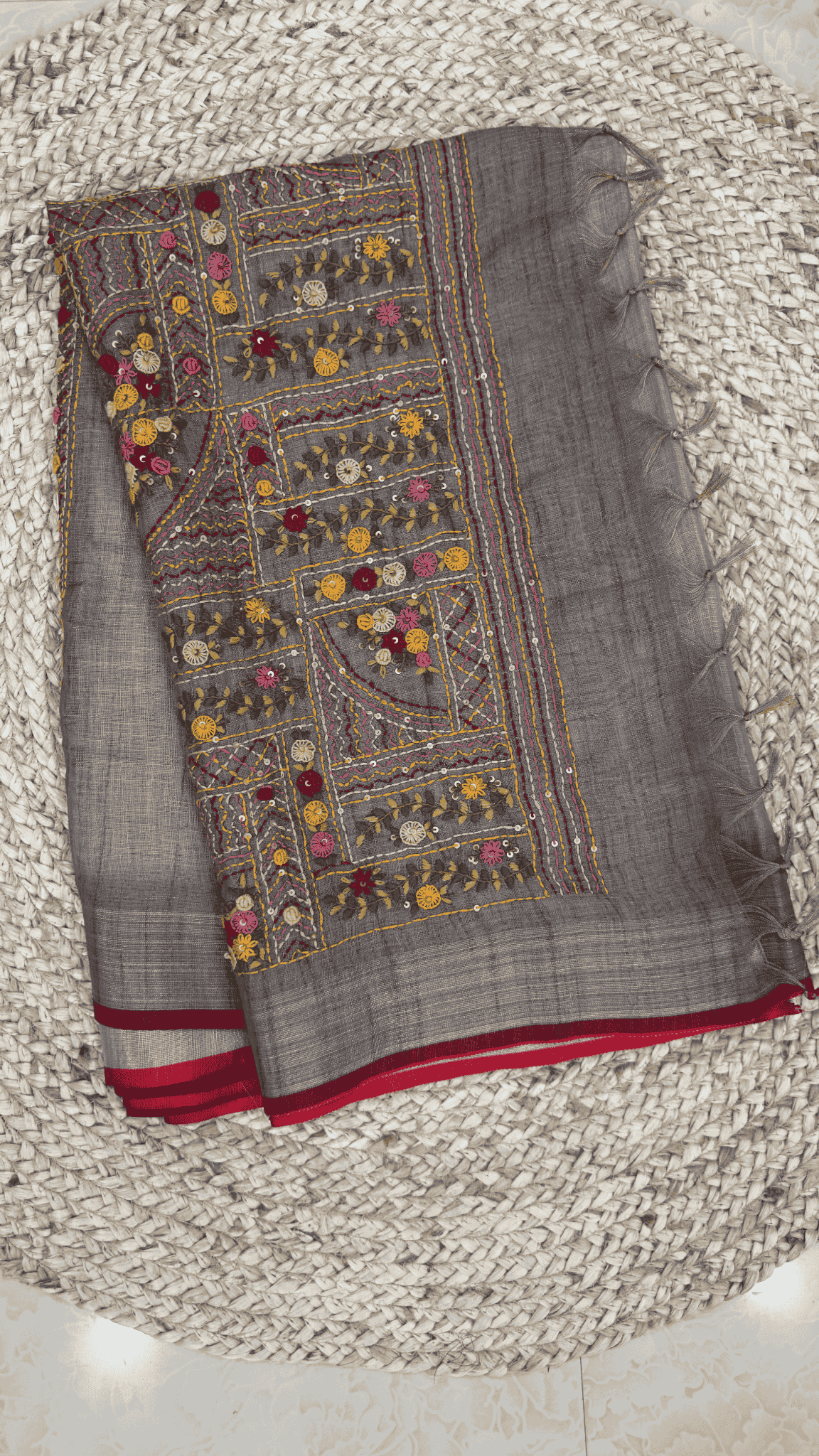Grey Embroidered Linen Saree