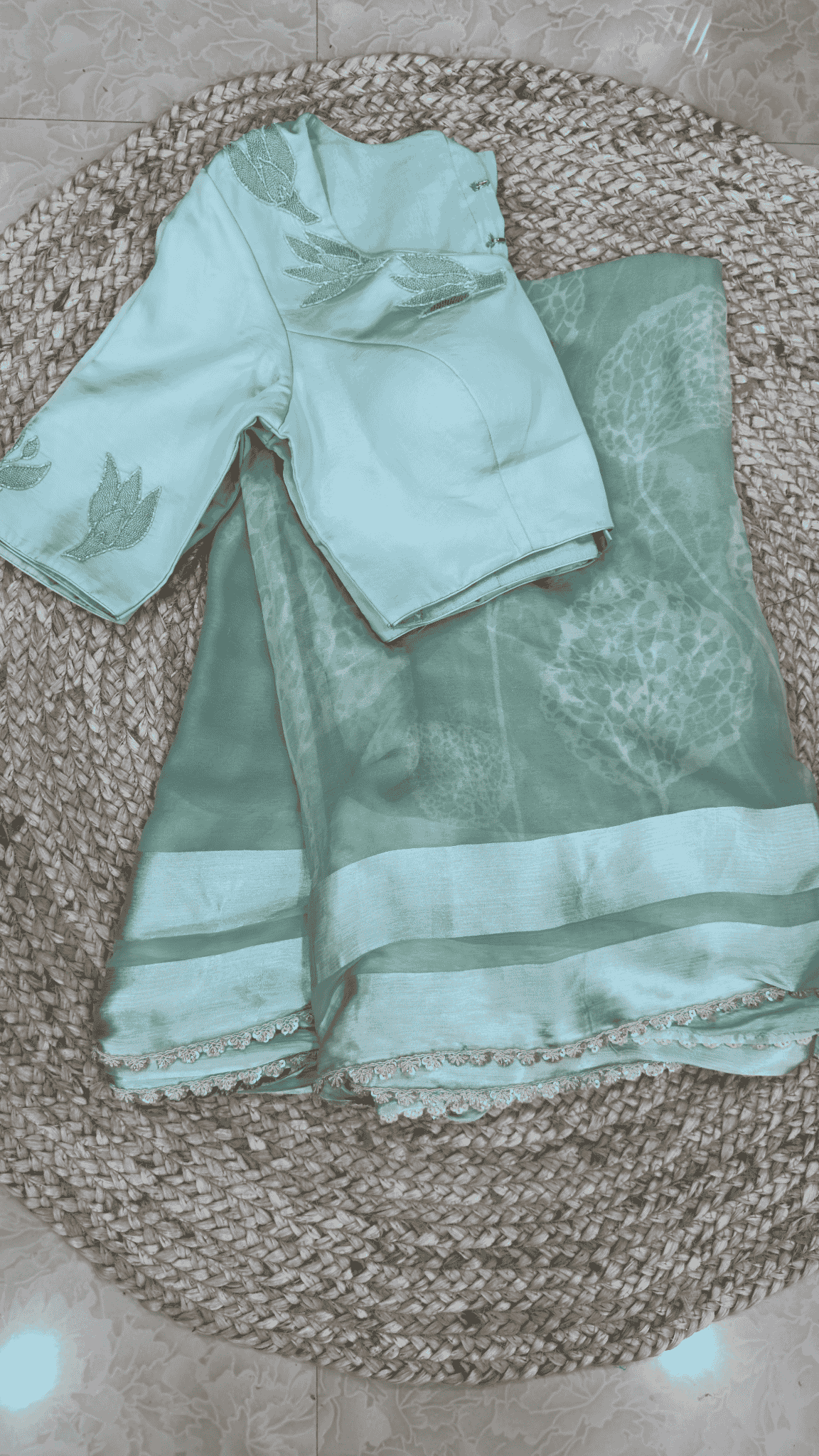 Sea Green floral printed chiffon Saree with lace border and hand work blouse