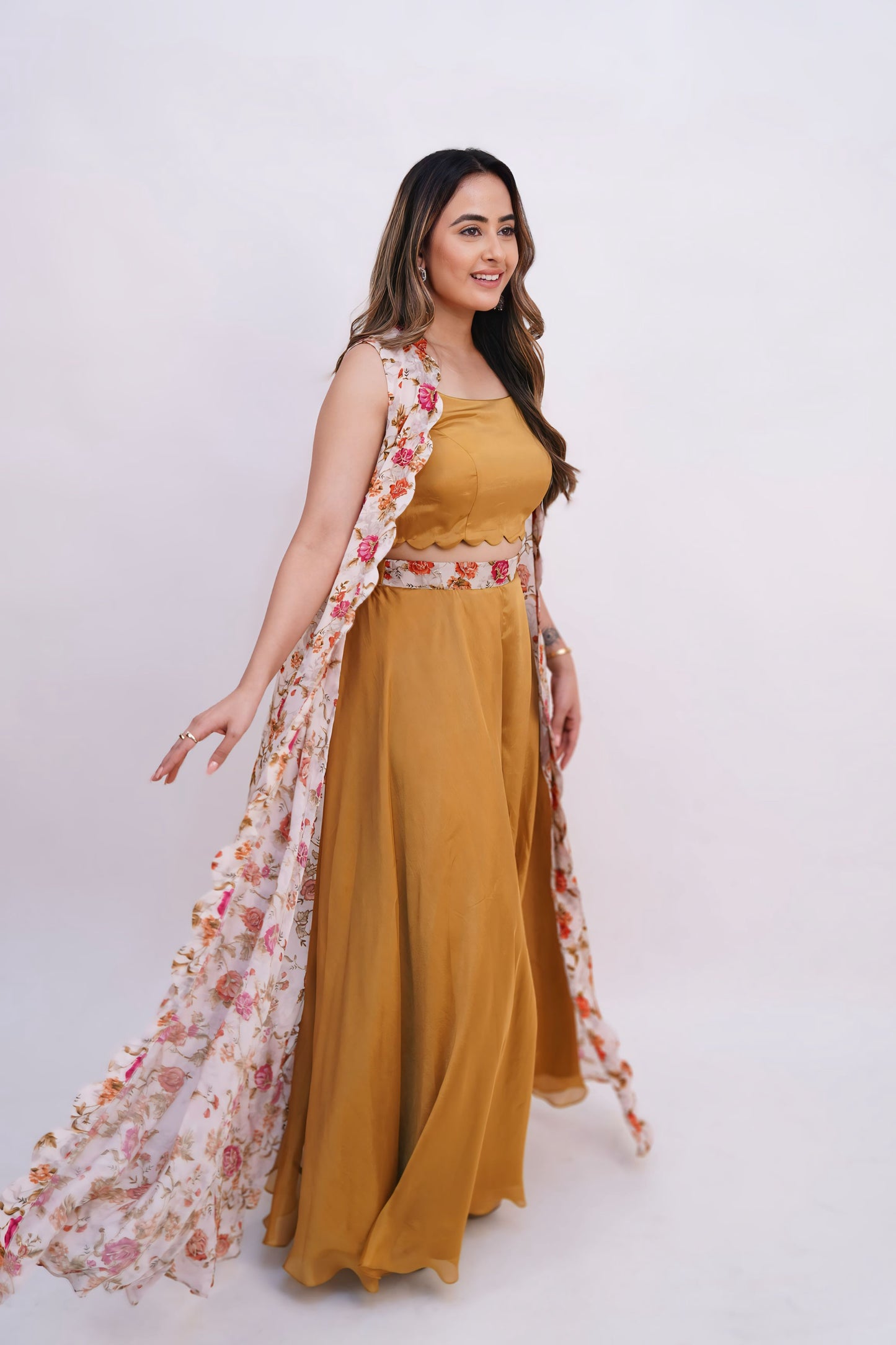 Floral Cape Set with Flared Pants