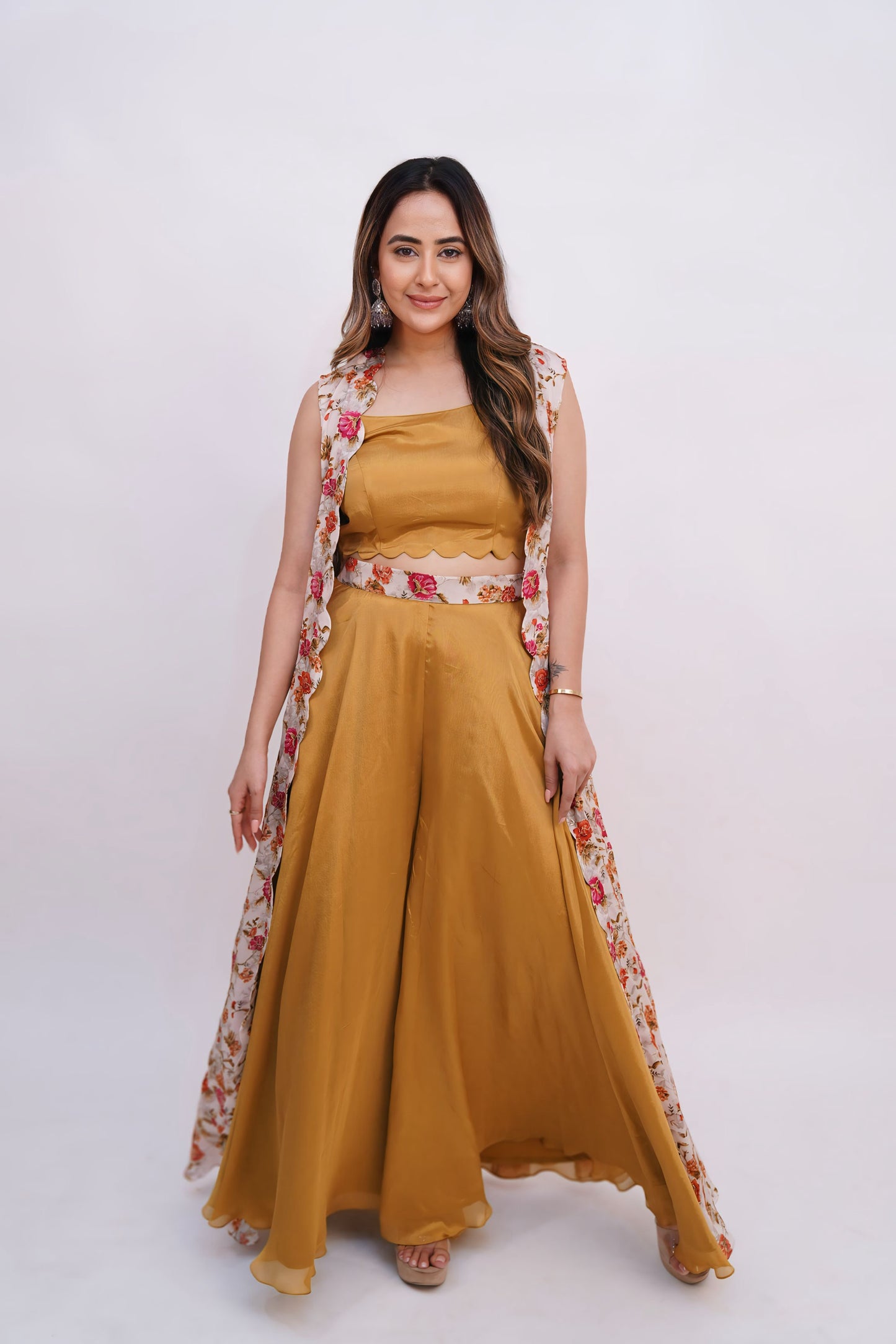 Floral Cape Set with Flared Pants