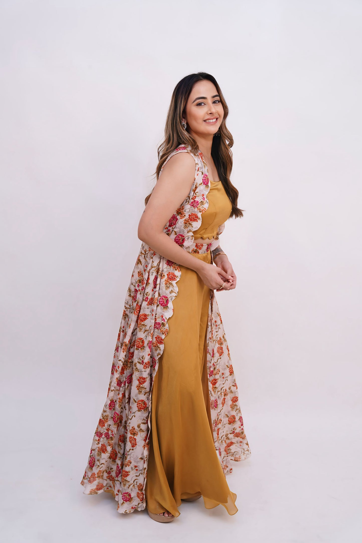 Floral Cape Set with Flared Pants