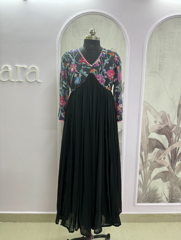 Black V-Neck Printed Floral Georgette Dress