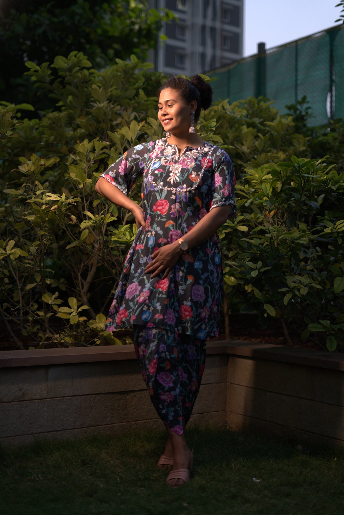 Cream Floral Dhoti Set