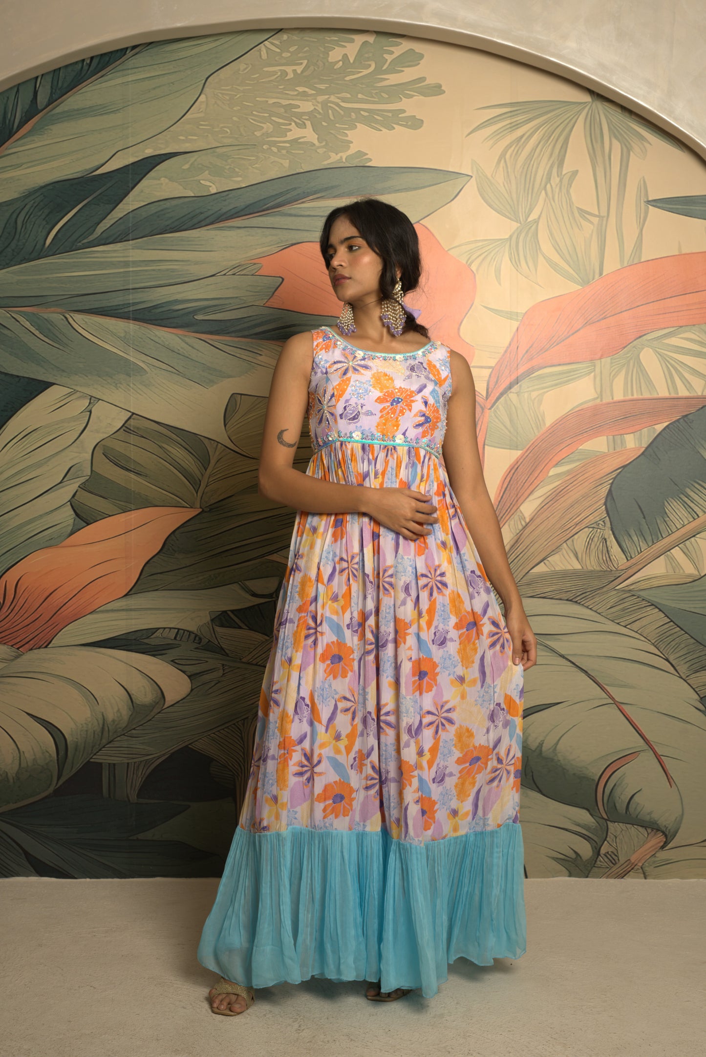 Orange Floral Printed Crepe Dress with Blue Georgette Overlay