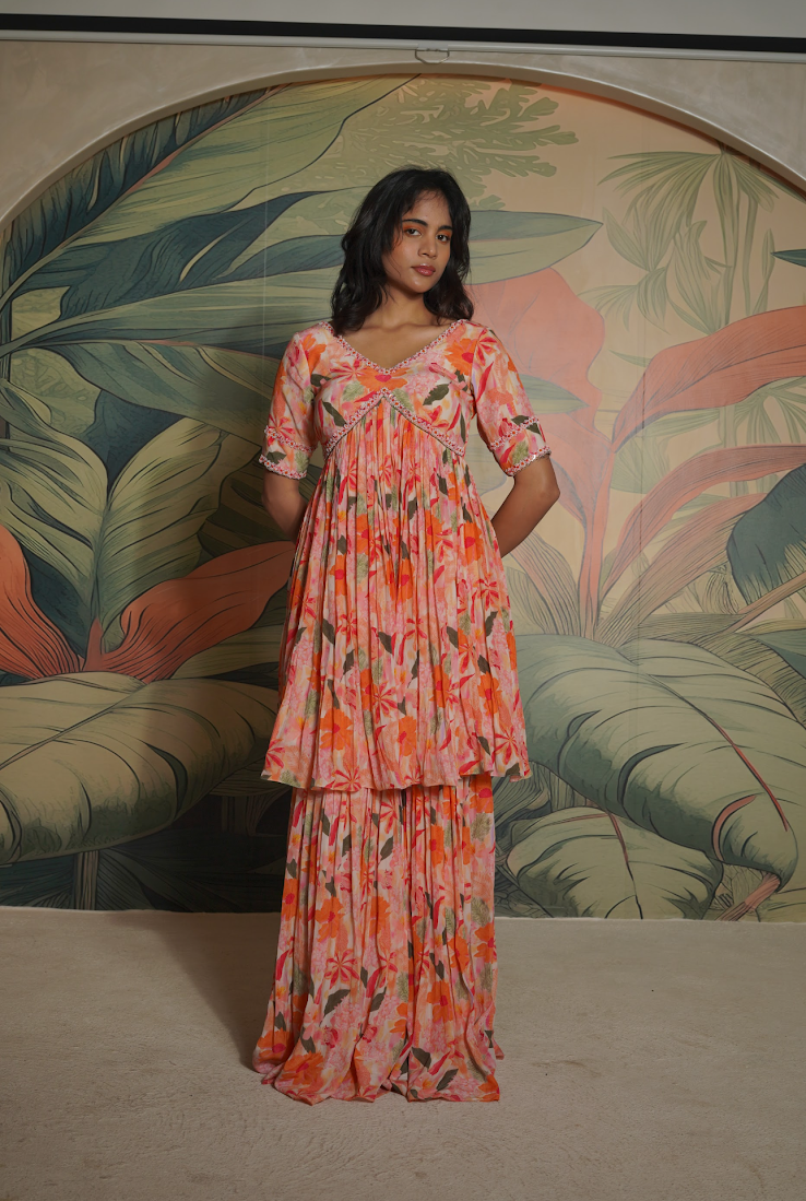 Orange Printed Sharara Set