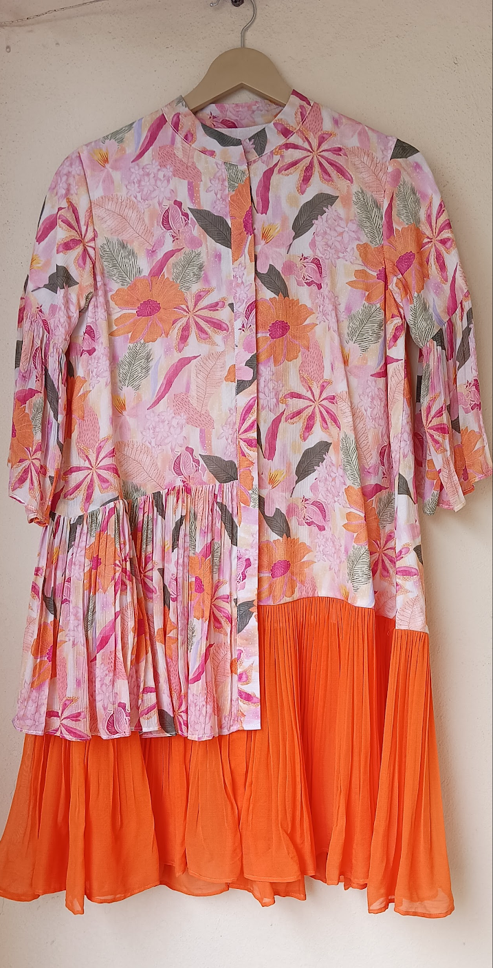 Orange Short Frock With Print And Plain Georgette