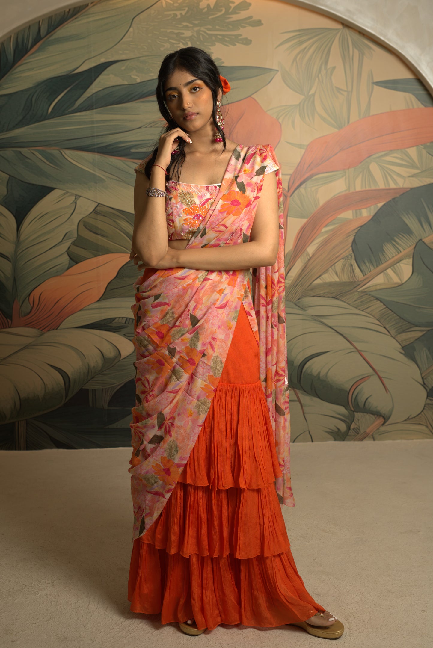 Orange Draped Skirt with Custom-Made Blouse