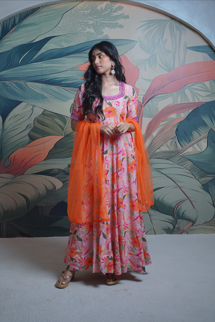 Orange Long Frock with Pink Workline Detailing