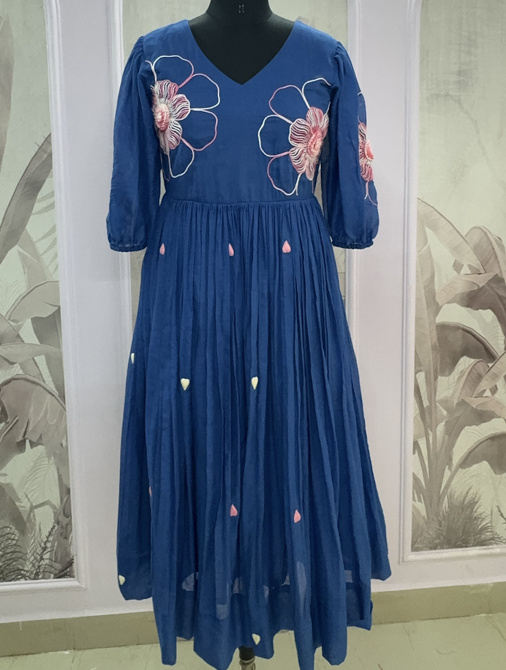 Blue Dress with White and Pink Line Floral Embroidery