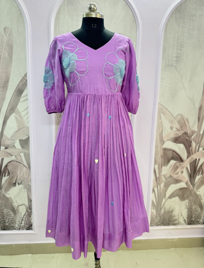 Pink Dress with Sea Green Thread Line Floral Embroidery