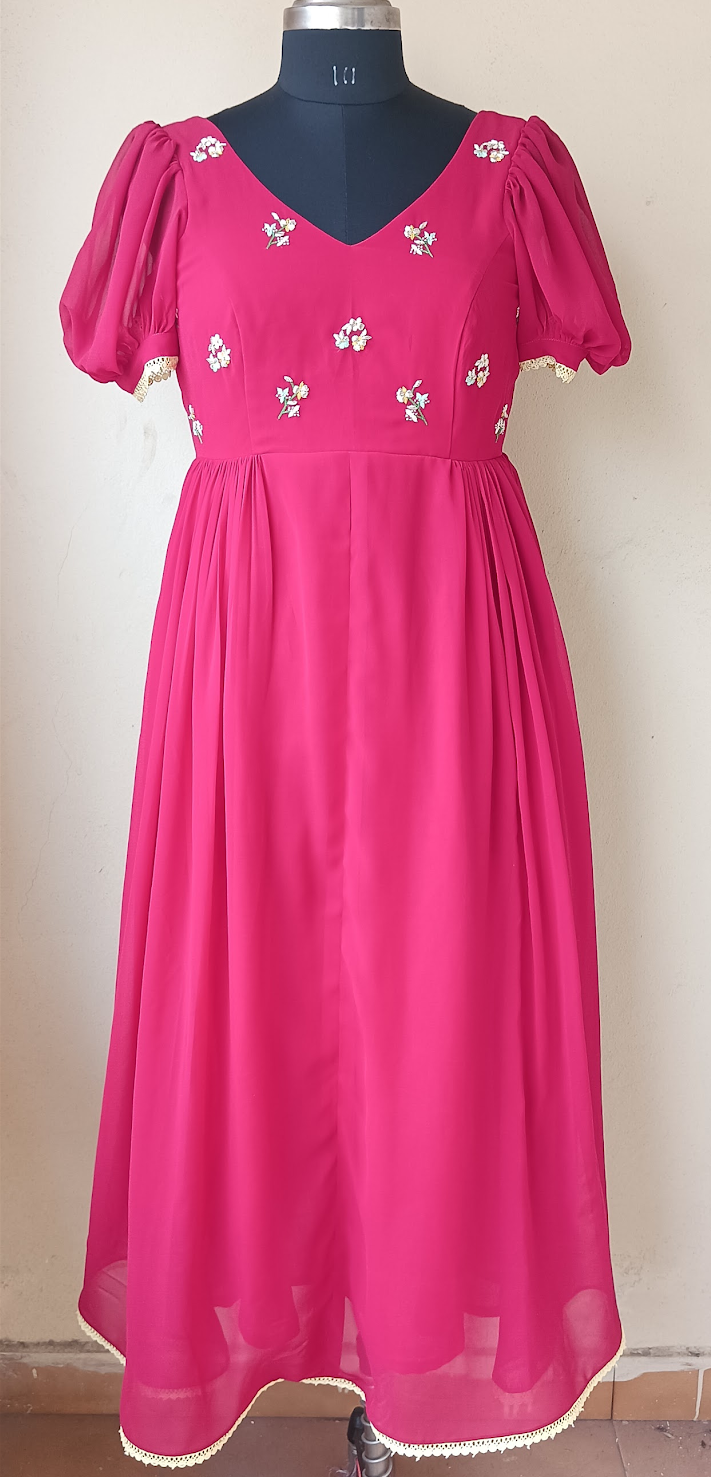 Red Georgette Dress with Intricate Buttis