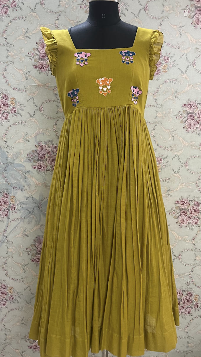 Mustard Yellow Dress with Cloud Motif Embroidery