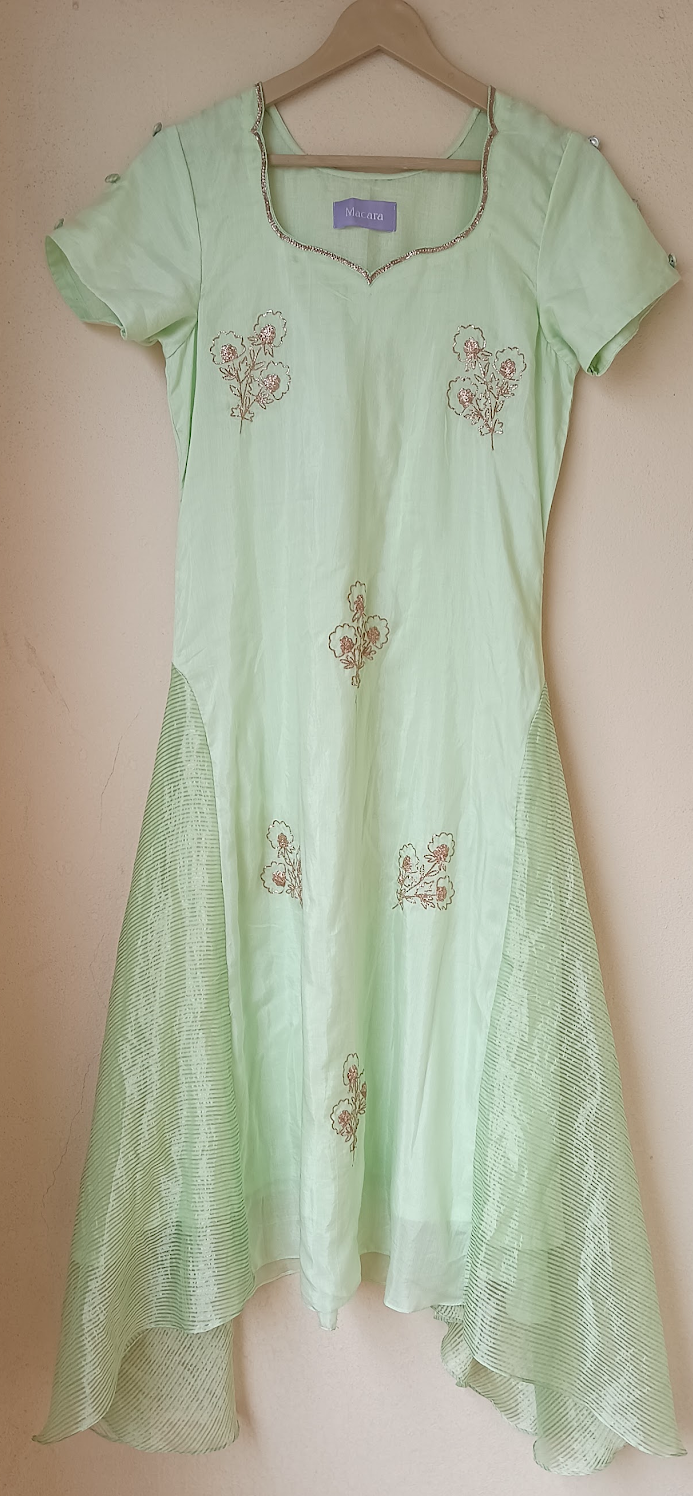 Pista Green Outfit with Tissue Stripes and Gota Flower Bunches