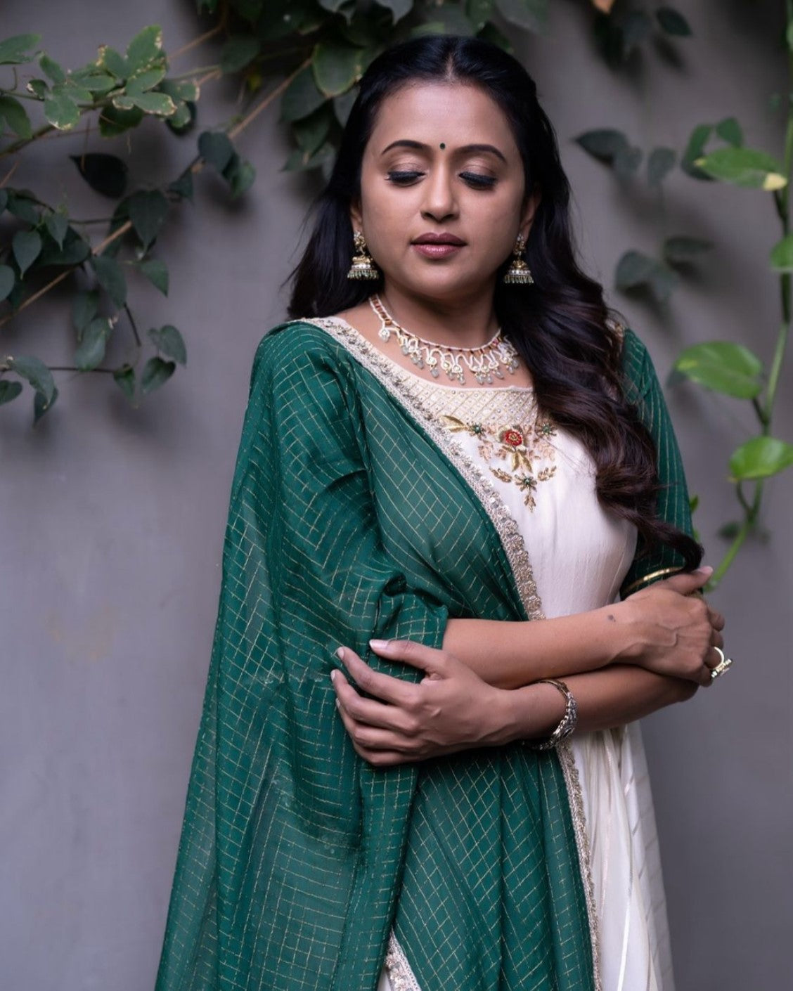Cream and Bottle Green Long Tissue Frock with Dupatta