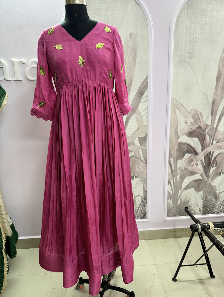 Pink Outfit with Yellow Leaf Teeki Work