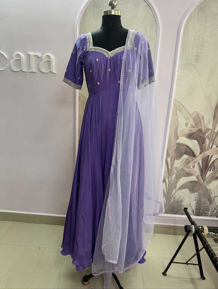 Violet Long Frock with Pearl Work