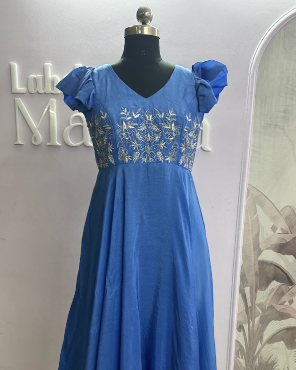 Blue Silk Dress with Silver Work Yoke Design