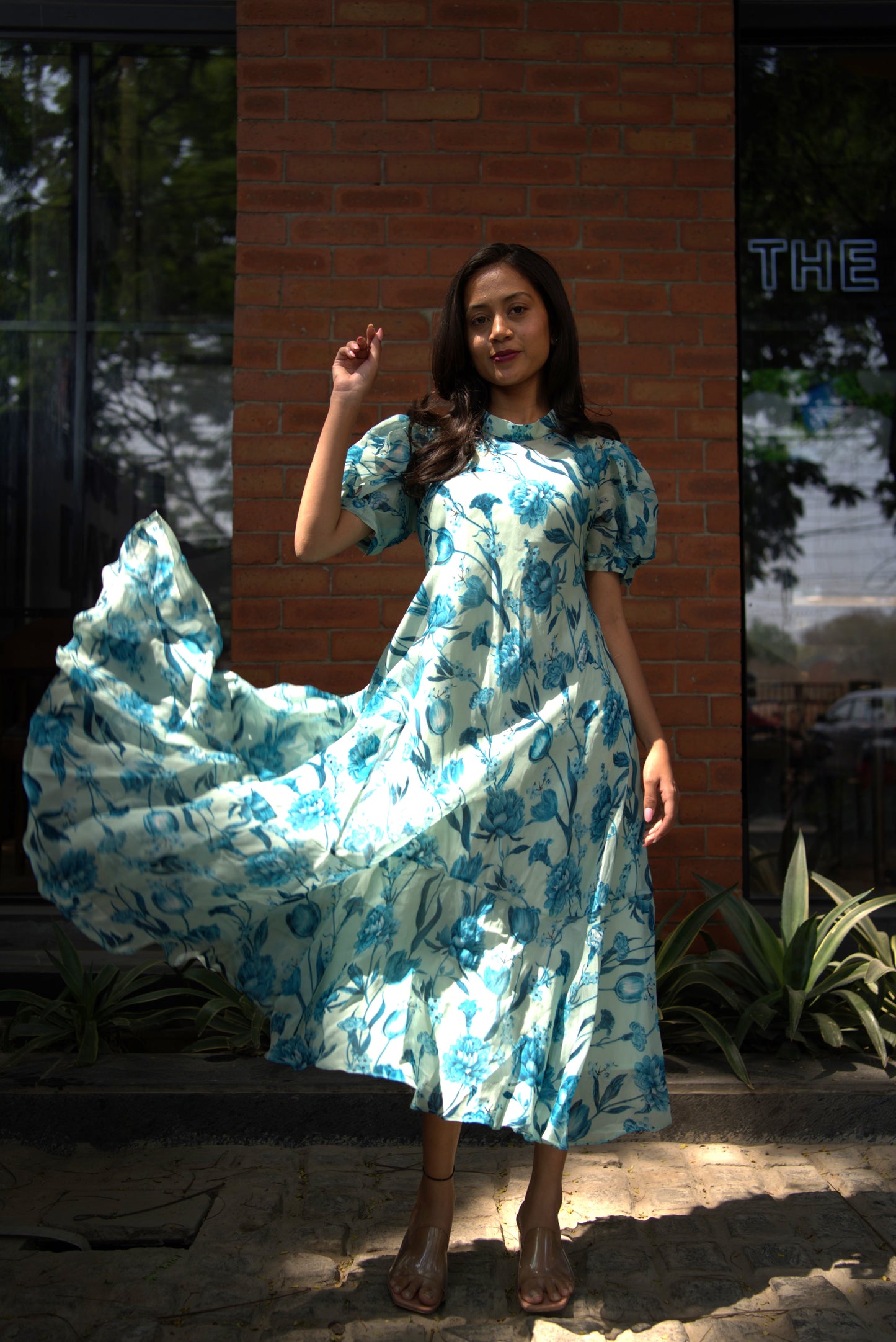 Blue Print Organza Tunic with Slip and Collar